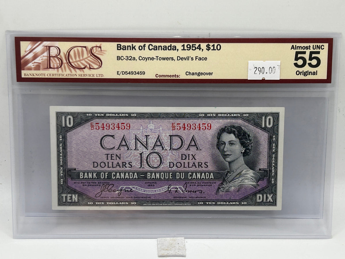 1954 Bank of Canada $10 BC-32a Coyne-Towers Devil's Face Changeover BCS Almost UNC 55 Original - Obverse