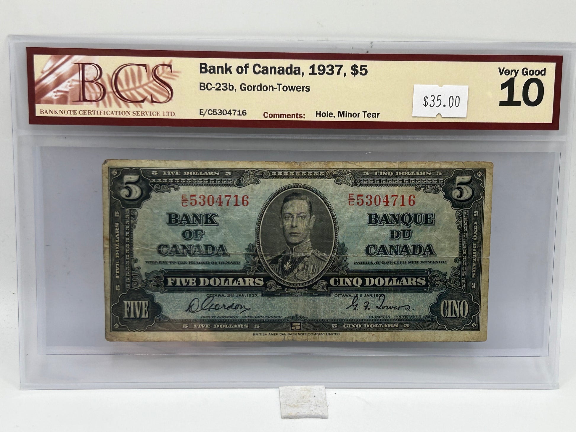 1937 Bank of Canada $5 BC-23b Gordon-Towers BCS Very Good 10 - Obverse