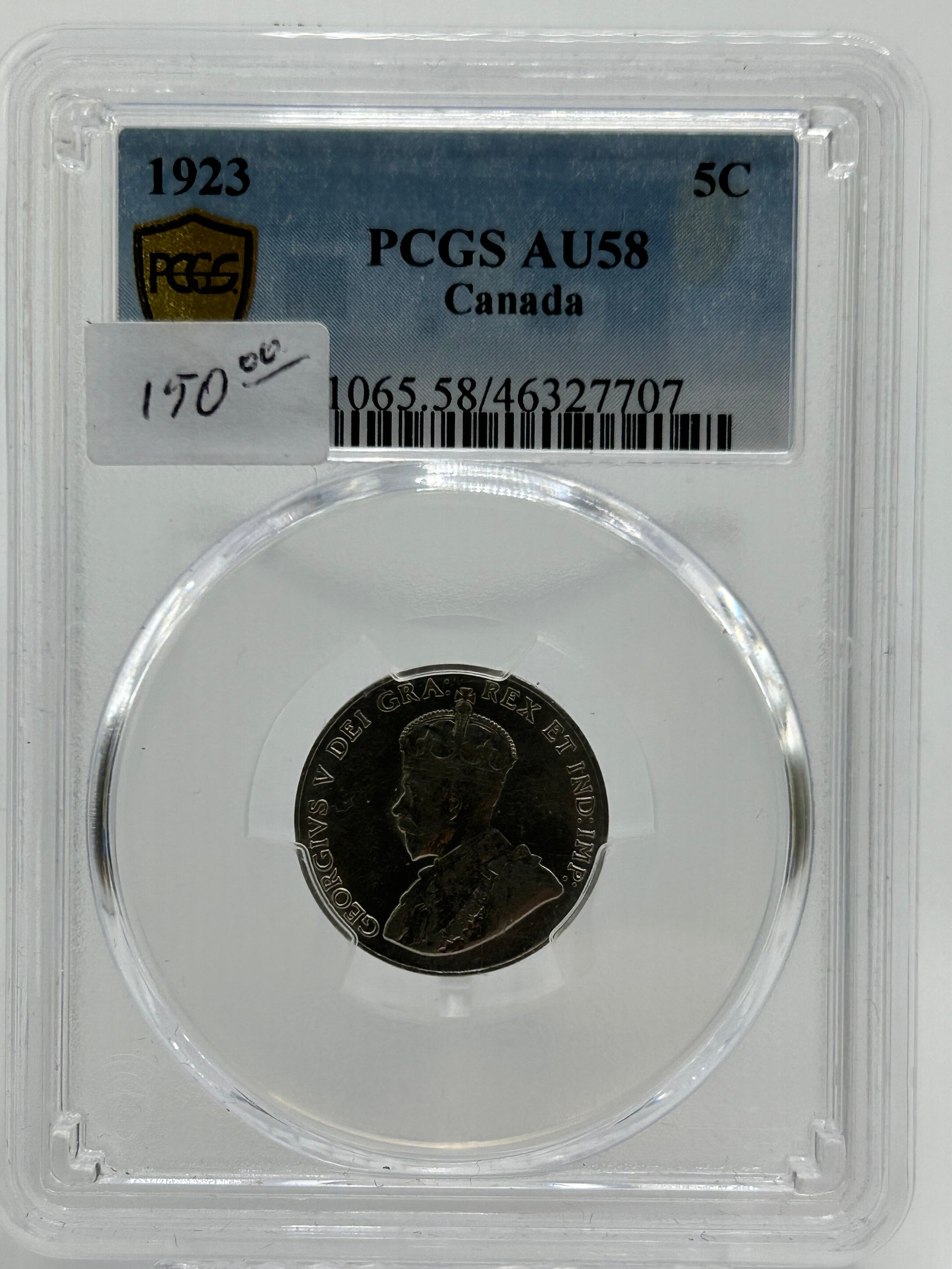 1923 Canada 5 Cents PCGS AU 58 King George V Key Date — Obverse