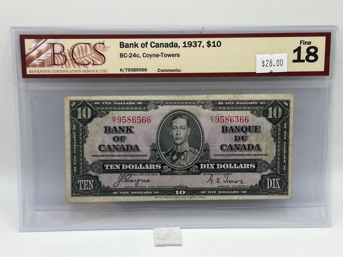 1937 Bank of Canada $10 BC-24c Coyne-Towers BCS Fine 18 - Reverse