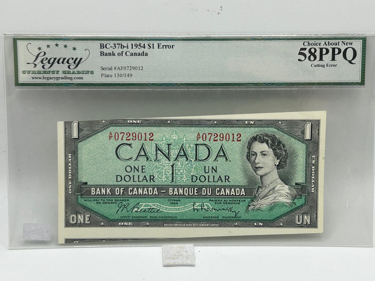 1954 Bank of Canada $1 Error BC-37b-i Beattie-Rasminsky Cutting Error Legacy Choice About New 58PPQ - Obverse