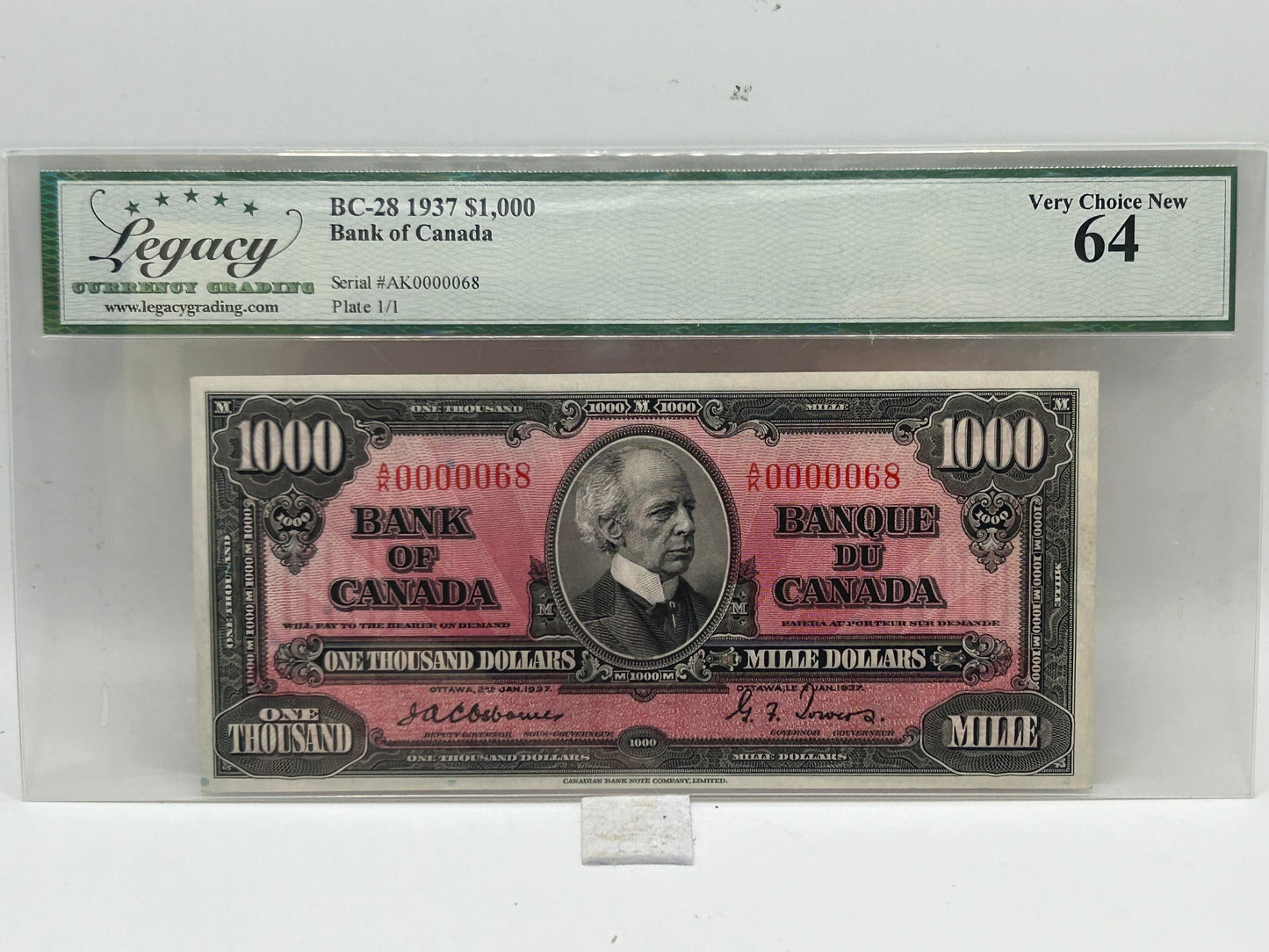 1937 Bank of Canada $1000 BC-28 Osborne-Towers Low Serial AK0000068 Legacy Very Choice New 64 - Obverse