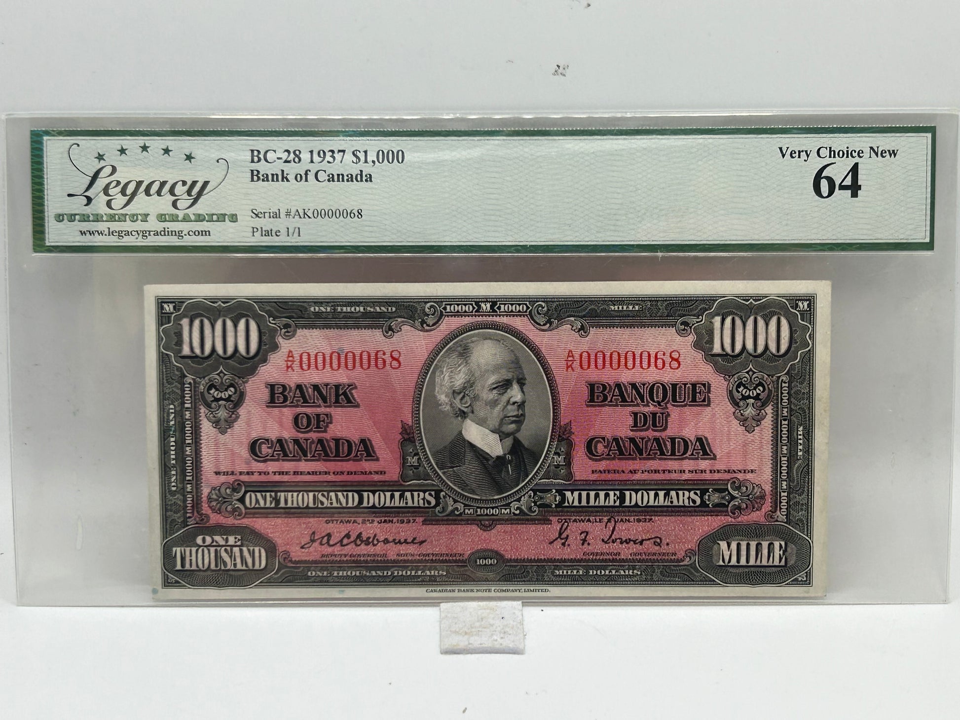 1937 Bank of Canada $1000 BC-28 Osborne-Towers Low Serial AK0000068 Legacy Very Choice New 64 - Obverse