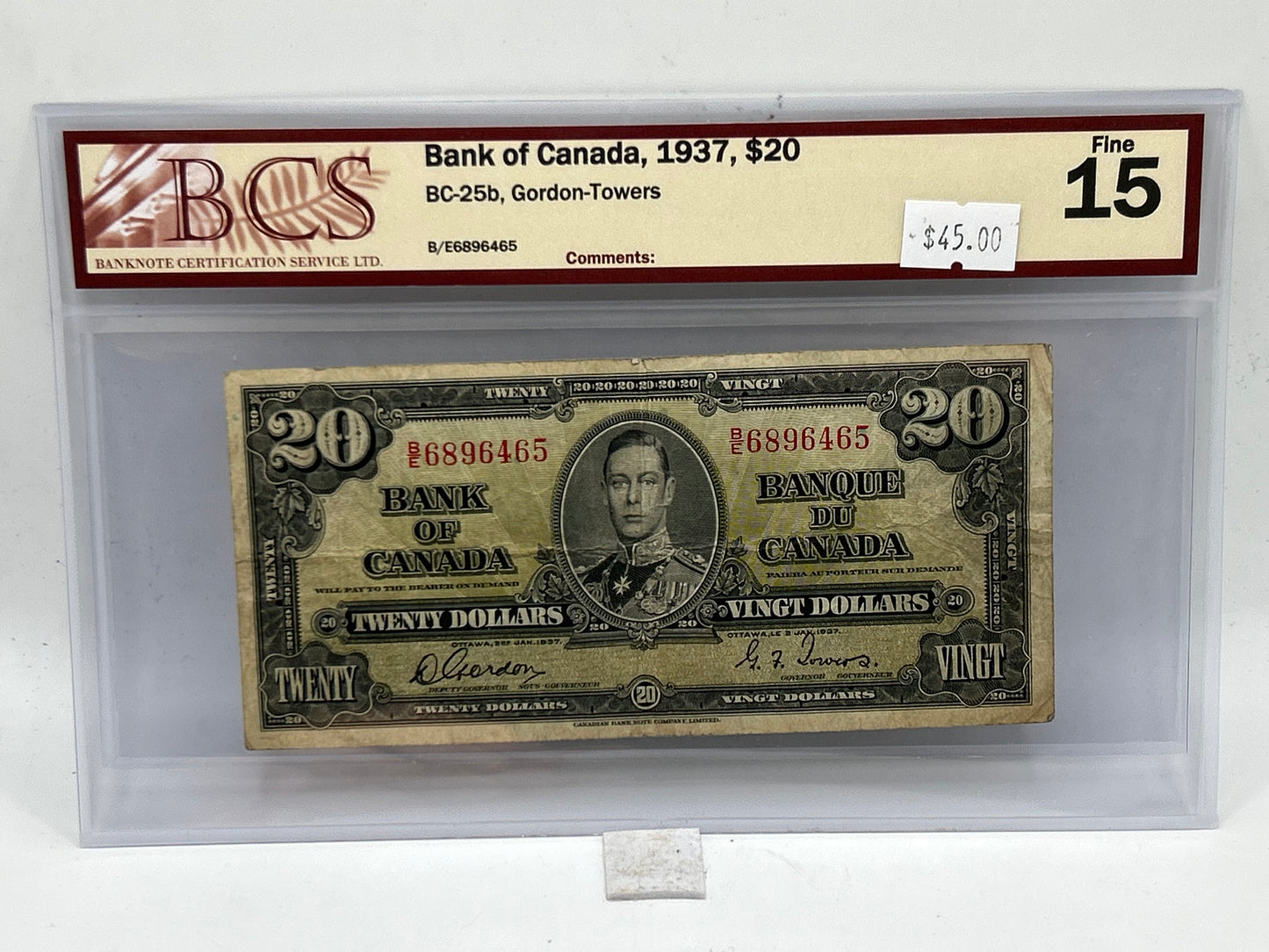 1937 Bank of Canada $20 BC-25b Gordon-Towers BCS Fine 15 - Obverse