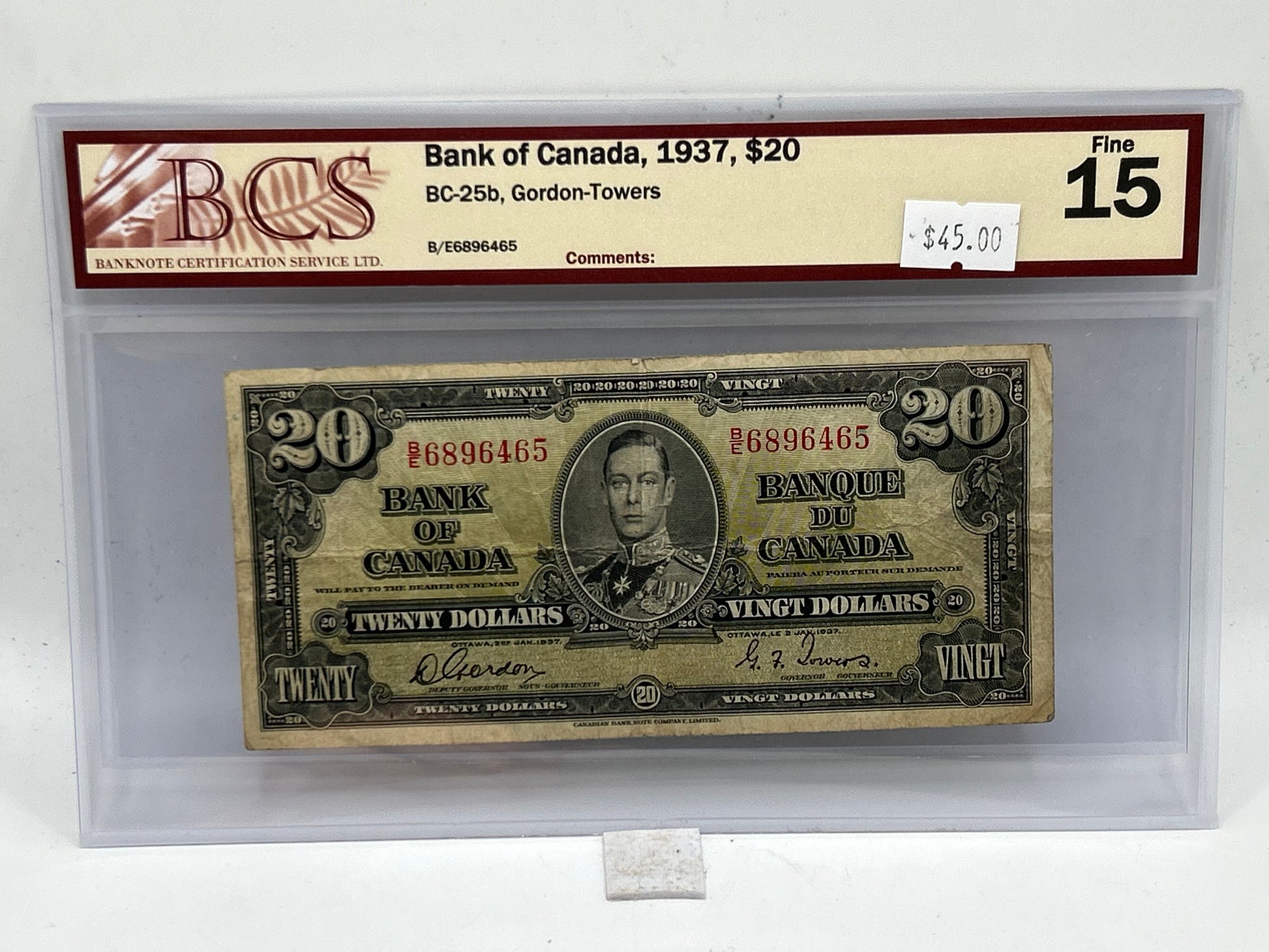 1937 Bank of Canada $20 BC-25b Gordon-Towers BCS Fine 15 - Obverse