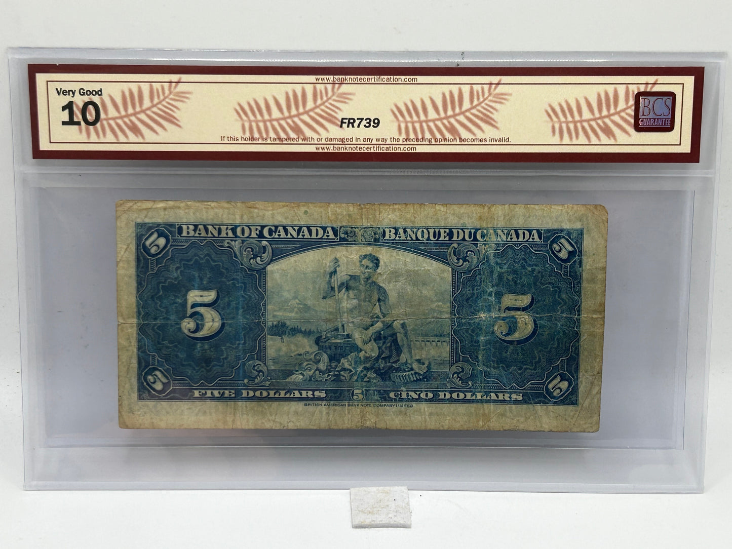 1937 Bank of Canada $5 BC-23b Gordon-Towers BCS Very Good 10 - Reverse