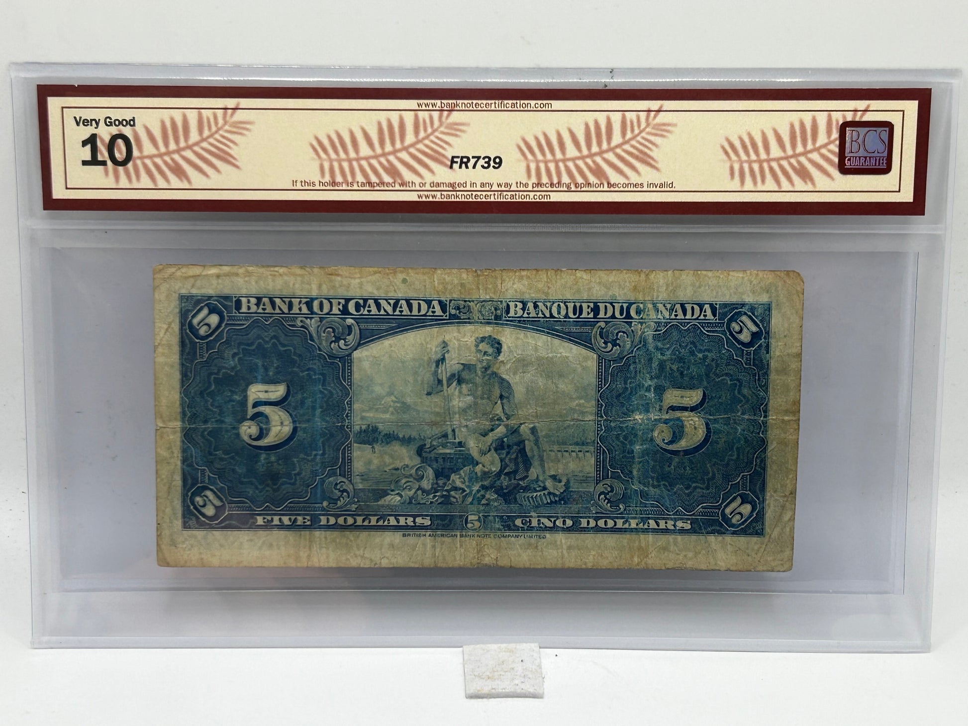 1937 Bank of Canada $5 BC-23b Gordon-Towers BCS Very Good 10 - Reverse