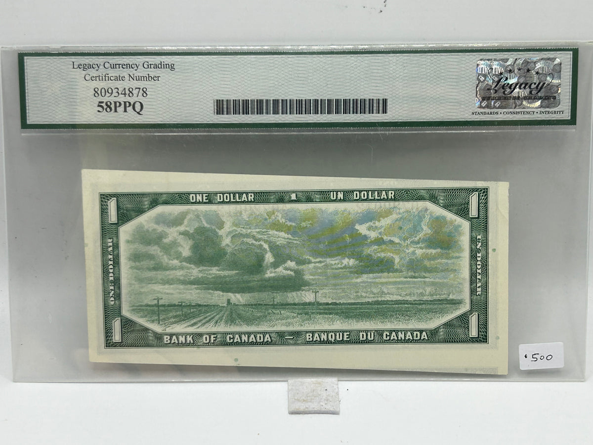1954 Bank of Canada $1 Error BC-37b-i Beattie-Rasminsky Cutting Error Legacy Choice About New 58PPQ - Reverse