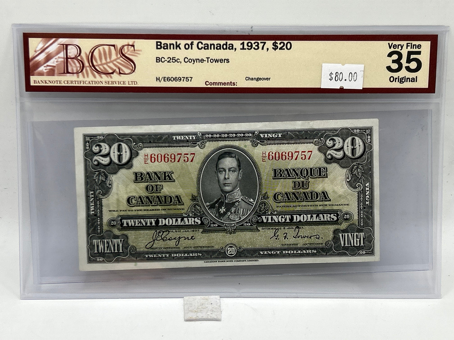 1937 Bank of Canada $20 BC-25c Coyne-Towers Changeover BCS Very Fine 35 Original - Obverse