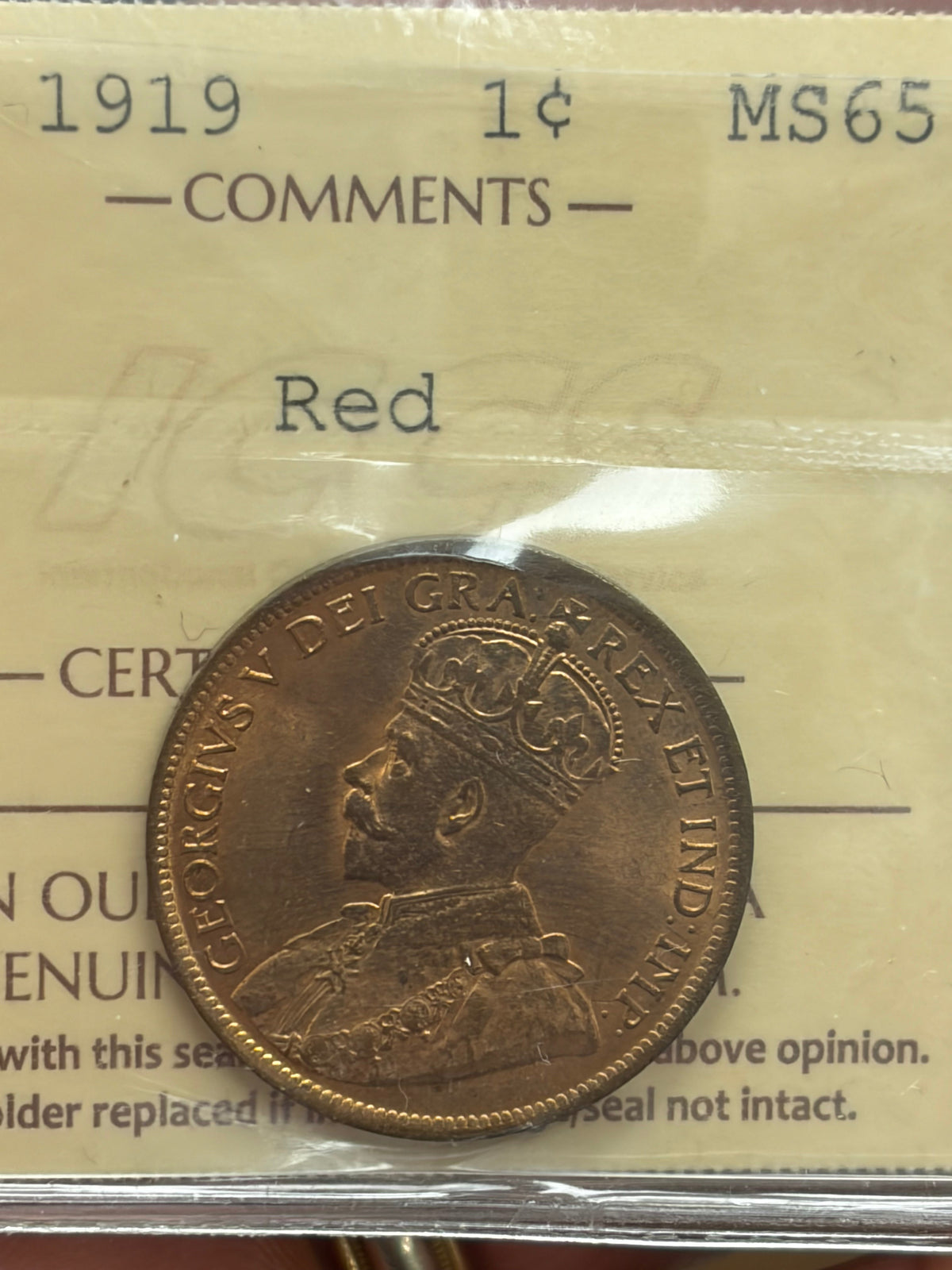 1919 Canadian 1 Cent — ICCS MS-65 Red | George V | Gem Uncirculated