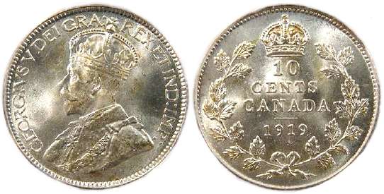 Fine 1933 Canada Silver 10 Cents 