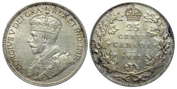 canada 1935 quarter XF-40